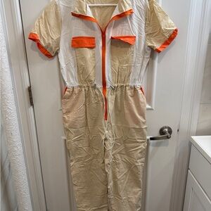 Beige and Orange Colorblock Jumpsuit with Drawstring Waist